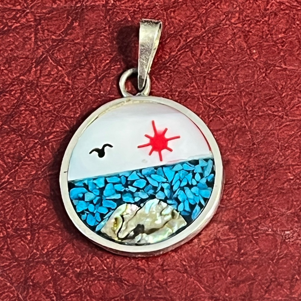 1970s silver tropical scene pendant with bale artisan crafted in Mexico EUC